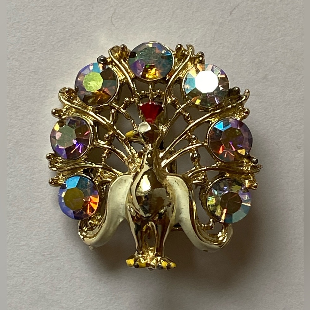 Vintage Peacock Aurora Borealis Rhinestone Statement Brooch
